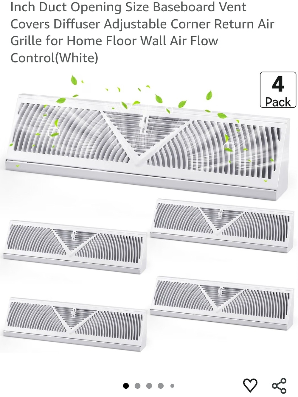 White Baseboard Vent Cover - Adjustable Return Air Grille (4 Pack)